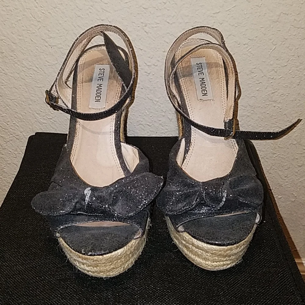 Steve Madden Black Sparkly Espadrilles Wedges Size 8